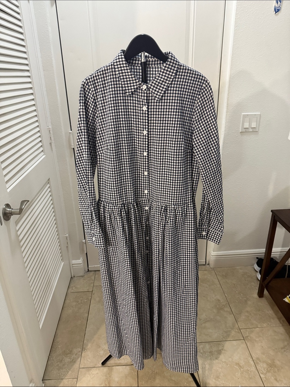 Navy Blue and White Gingham Button-Down Midi Dress